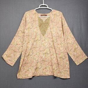 Womens 2XL Tunic Top Pink Gold Floral Embroidered Beaded Long Sleeve Top India